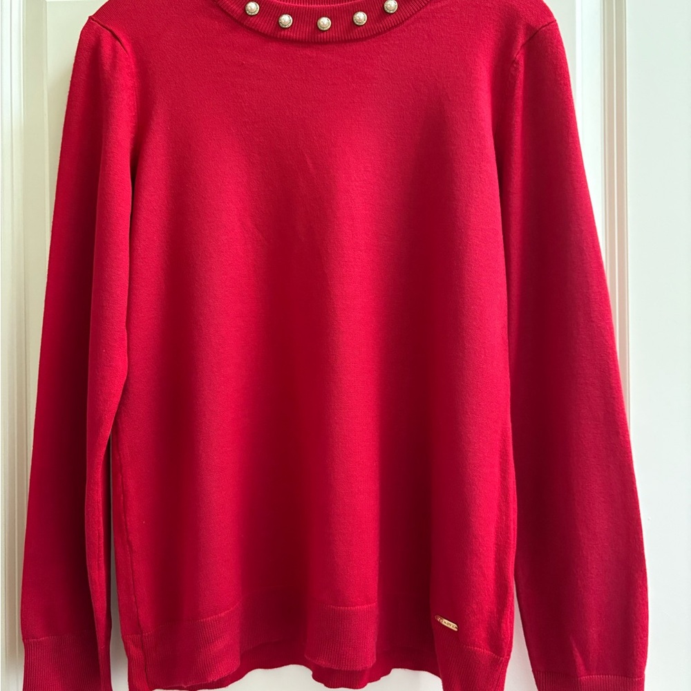 Calvin Klein Red Top with Pearl Details, Size M.